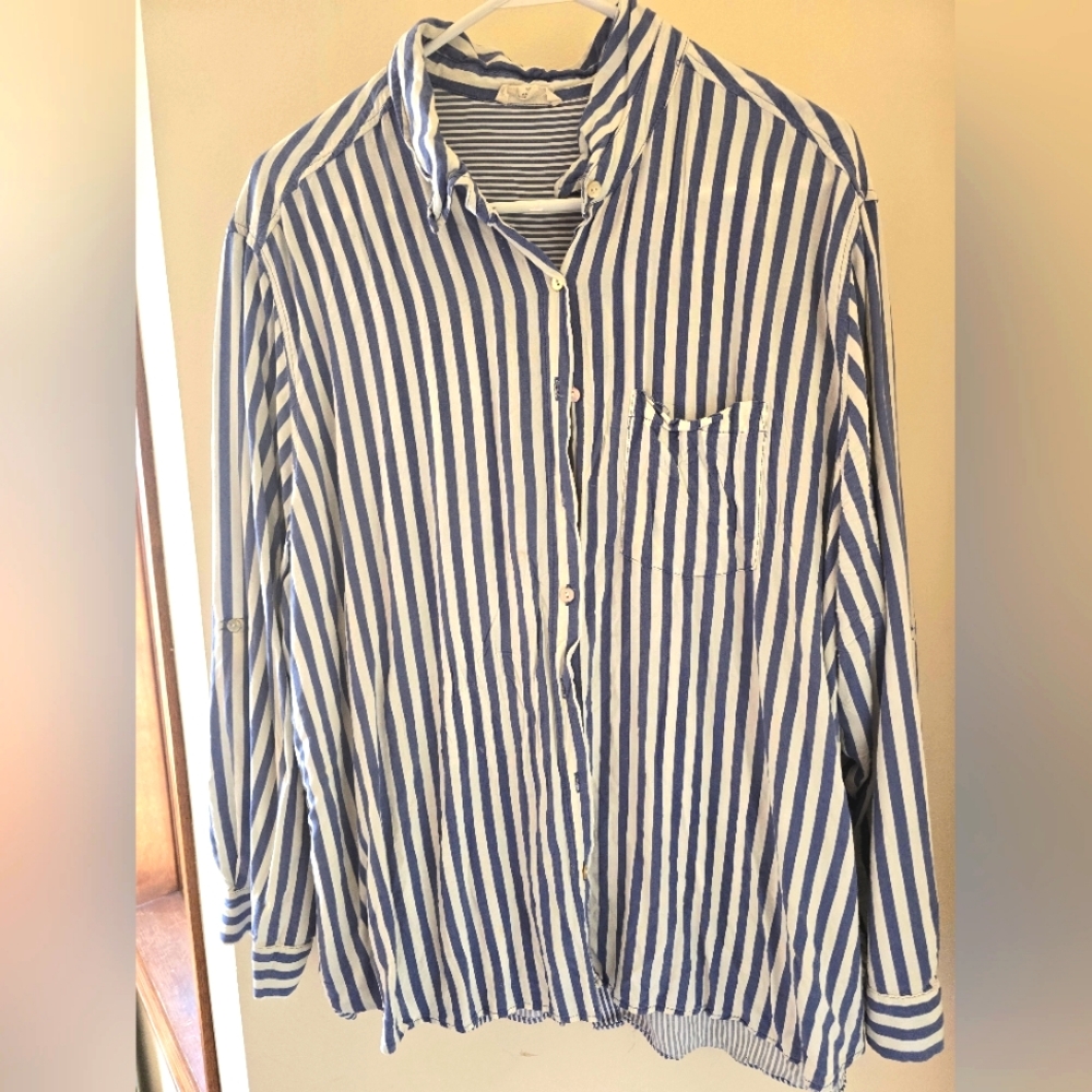 JANE And Delancey Womens XL Nautical Stripe Tunic Navy White Button Down Blouse